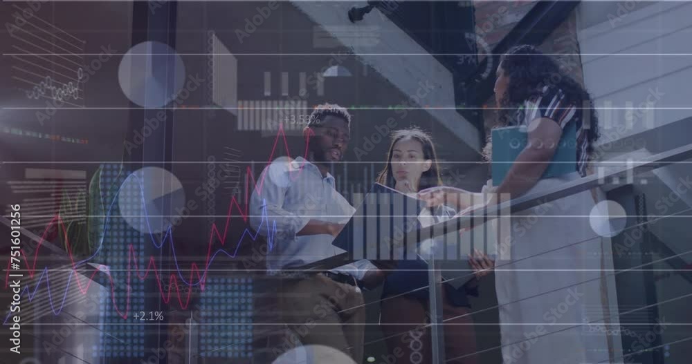 Poster animation of graphs and charts processing data over diverse casual business colleagues talking