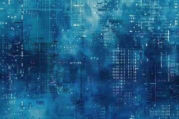 Obraz premium mesmerizing blue Digital Pixelation background, featuring dynamic pixel patterns that evoke a futuristic and modern aesthetic, seamlessly blended with a captivating cityscape backdrop