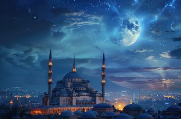 Fototapeta na wymiar Beautiful Mosque in a Islamic City at Night With a Big Moon and Beautiful Sky
