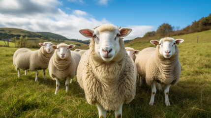 Fototapeta premium Closeup of a sheep with sheep herd in the field in the warming light of sunrise.