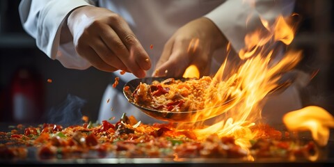 A skilled chef masterfully prepares a delectable dish over an open flame. Concept Cooking Techniques, Gourmet Cuisine, Culinary Artistry, Grilled Perfection - obrazy, fototapety, plakaty