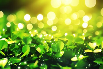 A captivating image showcasing a lush field of green clover leaves bathed in the enchanting glow of golden bokeh lights, evoking a sense of magic and wonder in the beauty of nature.