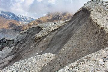 Moraine walls along the Ngozumpa Glacier, Nepal's largest glacier with massive debris, stone, ice and clay deposits, flowing from Cho Oyu to the Bay of Bengal in India