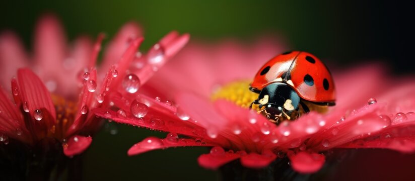 A small ladybug is sitting on top of a vibrant pink flower in this stunning macro photograph. The ladybugs bright red shell contrasts beautifully with the delicate petals of the flower.