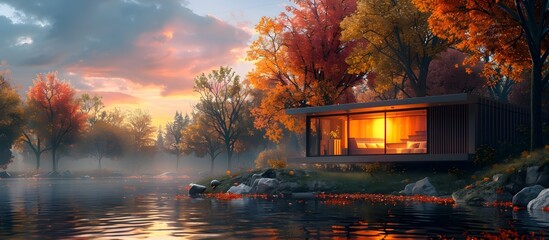 Autumn Lake House Realistic and Hyper-Detailed Rendering, To provide a high-quality and visually appealing image of a cabin near a lake in the autumn - obrazy, fototapety, plakaty