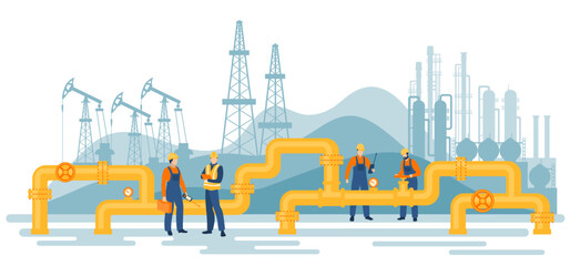 Fototapeta premium Oil gas workers. Petroleum pipeline engineers.