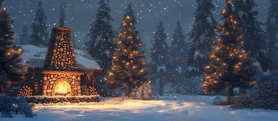 Unreal Engine Christmas Wallpaper with Fireplace in the Woods, To provide a unique and eye-catching Christmas-themed wallpaper that combines the