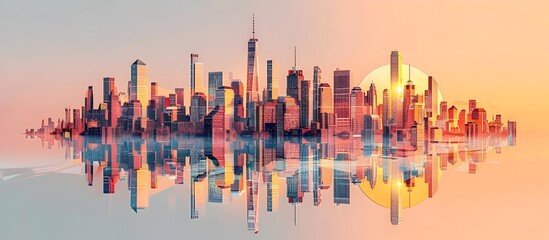 Fototapeta na wymiar Pink and Orange City Reflection in Water, To provide a stunning and colorful representation of a cityscape, perfect for use in futuristic or