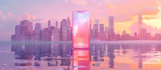 Pink Phone and Colorful Cityscape, To provide a visually appealing and creative image of a pink phone in a unique and eye-catching setting, suitable