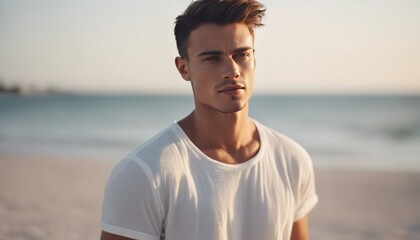 Handsome young man in casual white top against bright beach background-up.jpeg, Handsome young man in casual white top against bright beach background
