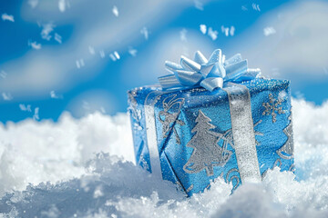 A close-up of a Christmas gift wrapped in blue and silver, placed gently on a bed of fresh snow, set against a vivid blue winter sky, with perfect copy space