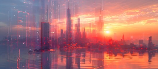 Futuristic City at Sunset in a Gauzy Atmosphere, To provide a visually striking and conceptual image of a futuristic city, suitable for use in - obrazy, fototapety, plakaty