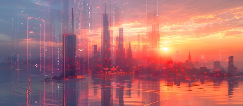 Futuristic City at Sunset in a Gauzy Atmosphere, To provide a visually striking and conceptual image of a futuristic city, suitable for use in