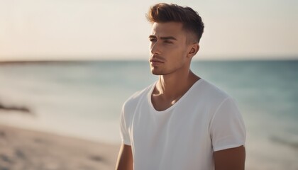 Handsome young man in casual white top against bright beach background-up.jpeg, Handsome young man in casual white top against bright beach background