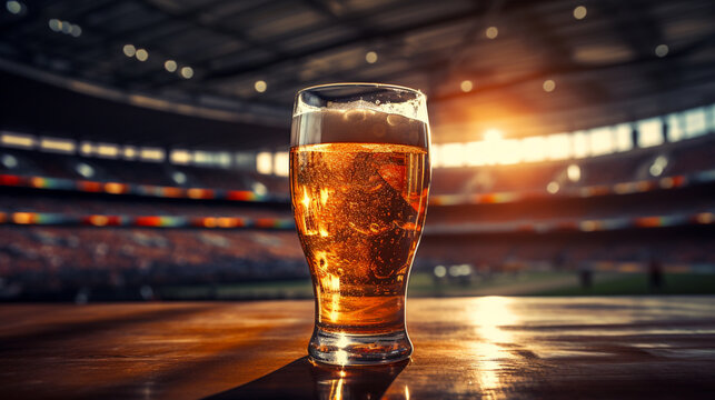 Cold enticing glass of beer foregrounded with a lively soccer stadium atmosphere behind blending the passion for the game with the joy of refreshment