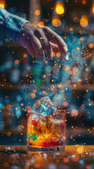 Picture of a refreshing cocktail in an elegant bar accompanied by some red fruit like cherries.