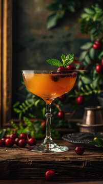 Picture of a refreshing cocktail in an elegant bar accompanied by some red fruit like cherries.