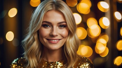 Blonde woman with beautiful make up and straight hair style wearing gold dress - obrazy, fototapety, plakaty