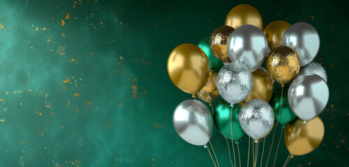Fototapeta na wymiar A cluster of shimmering silver and gold balloons, floating gracefully against a deep emerald green background