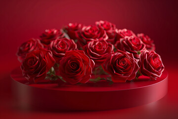 A striking red podium scene, softly lit to showcase a bouquet of vibrant red roses, each bloom meticulously detailed to represent deep love and admiration