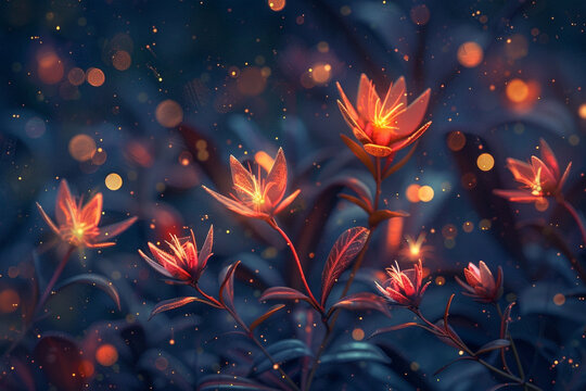 A symphony of fiery blooms, each firework a burst of color against the velvet night, framed by a dreamy bokeh background that accentuates the spectacle's fleeting beauty.