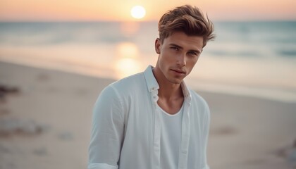 Handsome young man in casual white top against bright beach background-up.jpeg, Handsome young man in casual white top against bright beach background