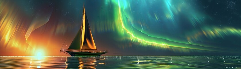 A sailboat and a spaceship illuminated by the aurora share a moment of connection over a sea that bridges earth with the cosmos