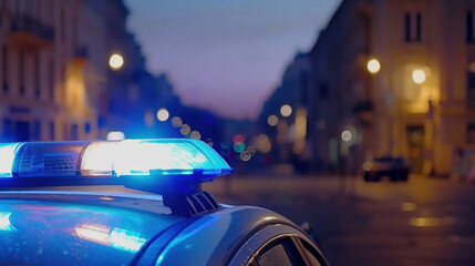 Police strobe lights close-up, evening city scene