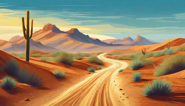 Detailed illustration of sandy desert with cactuses and road path. Wilderness landscape.