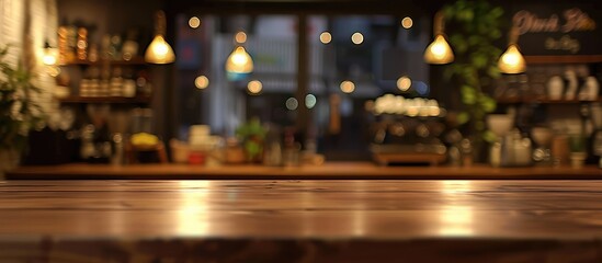 Obraz premium This image shows a blurry bar setting with lights shining in the background. The focus is on the lights creating a warm and inviting atmosphere in the bar.