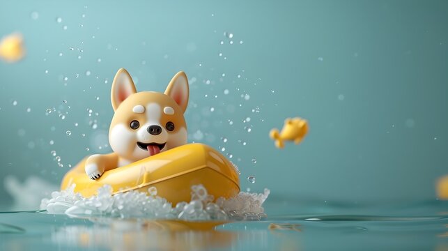 Corgi Cartoon Dog having Fun on a Yellow Raft, This stock photo showcases a cute and playful corgi dog having fun in the water, making it an ideal