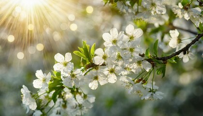 Cherry tree blossoms, spring garden with bright white flowers on green background with bokeh.