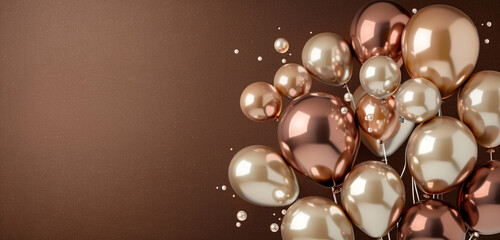 An elegant arrangement of pearl and champagne-colored balloons, floating against a rich chocolate...