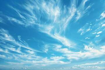 An expansive azure canvas punctuated by wispy cirrus clouds, highlighting the vastness and purity of the sky - obrazy, fototapety, plakaty
