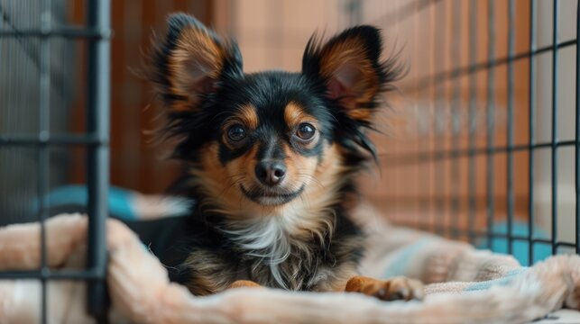 Generative AI, cute happy dog on cozy bed in specialized pet hotel
