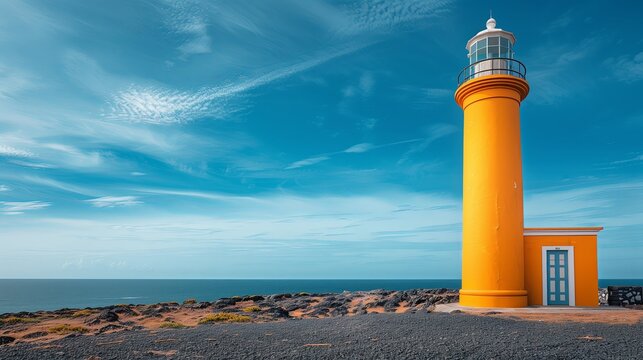 Lighthouse with blue sky and sea.