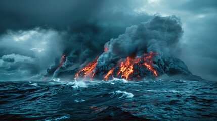 Volcano eruption in the sea, new island formation, dramatic twilight light