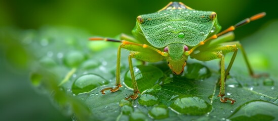 Vibrant Green Grasshopper Resting Peacefully on Lush Leaf in Natural Environment