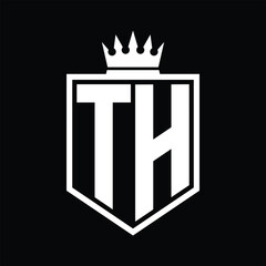 TH Logo monogram bold shield geometric shape with crown outline black and white style design