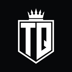 TQ Logo monogram bold shield geometric shape with crown outline black and white style design