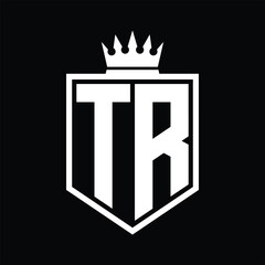 TR Logo monogram bold shield geometric shape with crown outline black and white style design