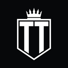 TT Logo monogram bold shield geometric shape with crown outline black and white style design