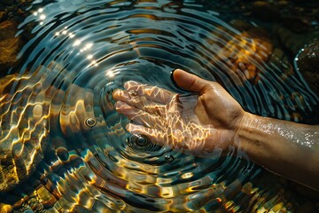 Hand interacting with the gentle ripples of water, illuminated by the warm glow of the setting sun