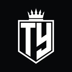 TY Logo monogram bold shield geometric shape with crown outline black and white style design