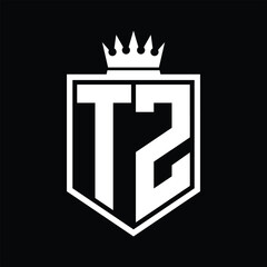 TZ Logo monogram bold shield geometric shape with crown outline black and white style design