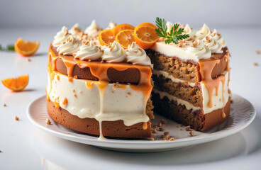 Sweet delicious carrot cake on isolated background.
