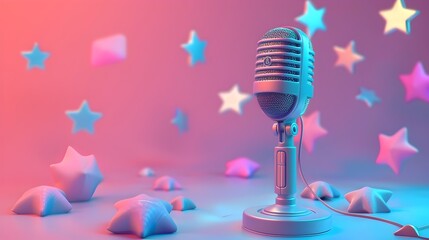 Fototapeta na wymiar Microphone Shines on a Starry Background, To convey a sense of music, performance, and recording, suitable for advertisements, posters, and websites