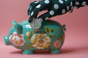 Cryptocurrency Savings Concept: Bitcoin Coin Inserted into Floral Piggy Bank