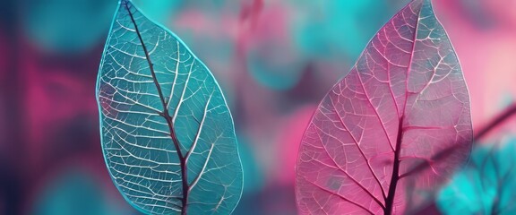 Macro leaves background texture blue, turquoise, pink color. Transparent skeleton leaves.