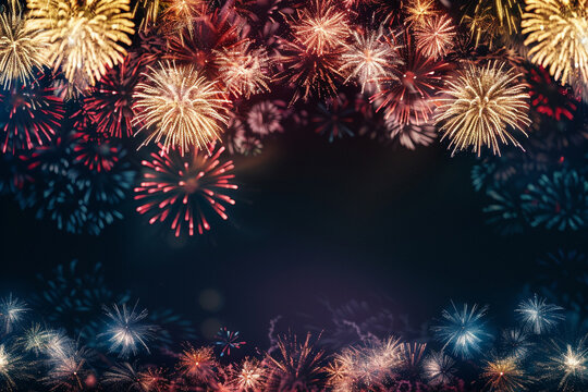 Bold and bright fireworks burst from the bottom edge, illuminating a dark, solid background with their vivid colors, 